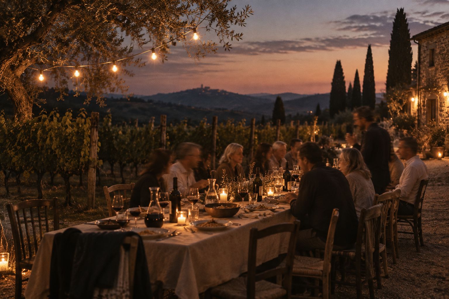 A long dinner table set among the vines at dusk