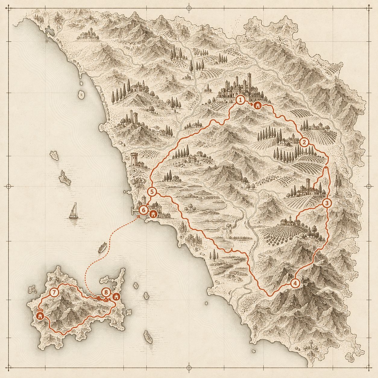 Hand-drawn relief map of the Tuscany & Elba route with eight numbered stages